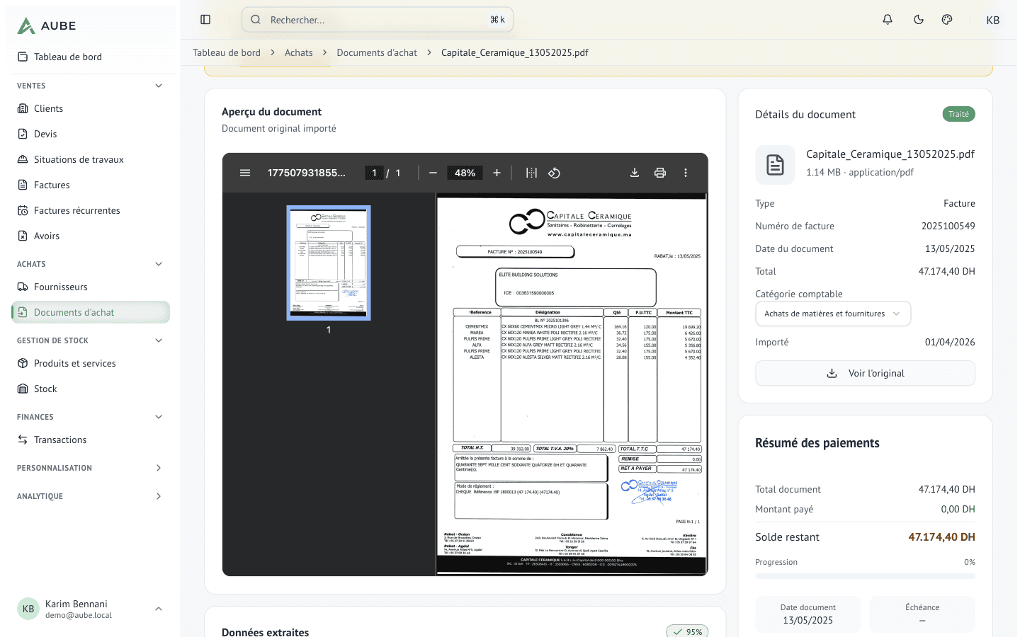 Document d'achat avec aperçu PDF, données OCR extraites à 95% et résumé des paiements