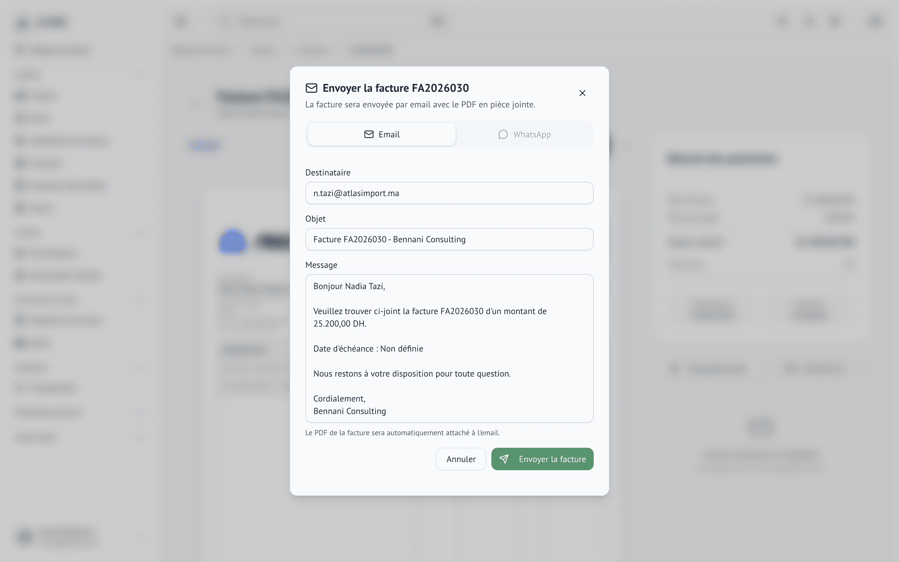 Envoi d'une facture au client depuis Aube par email